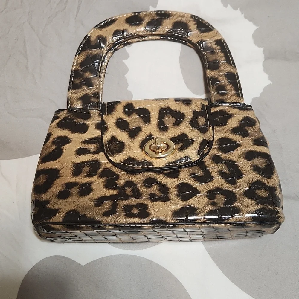 Leopard Mini Satchel Bag with Lock Closure and 41” Crossbody Strap NWOT